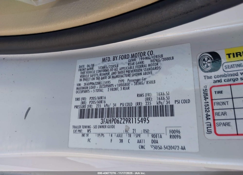 2009 FORD FUSION S VIN: 3FAHP06Z29R115495