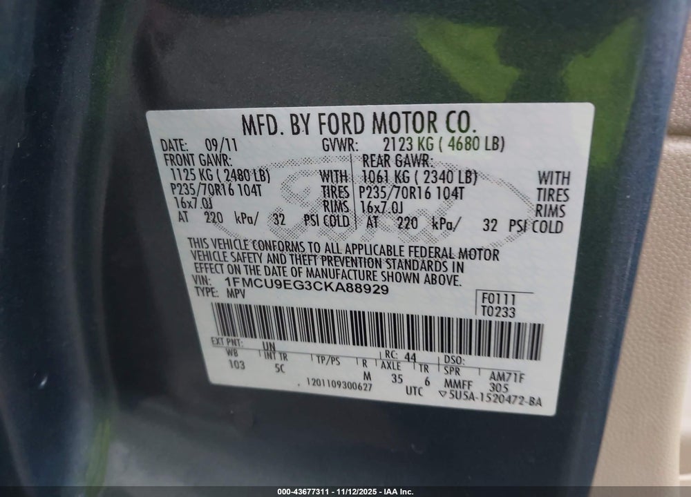 2012 FORD ESCAPE LIMITED VIN: 1FMCU9EG3CKA88929