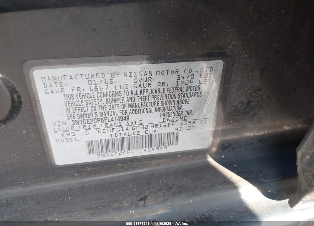 2015 NISSAN VERSA NOTE SV VIN: 3N1CE2CP6FL414949