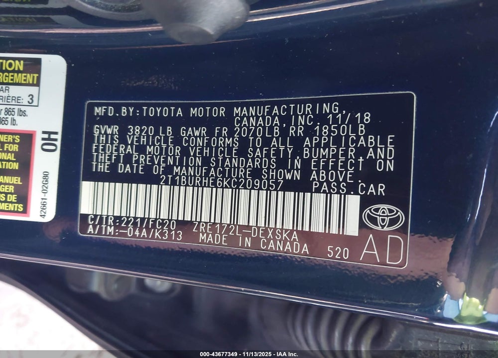 2019 TOYOTA COROLLA SE VIN: 2T1BURHE6KC209057