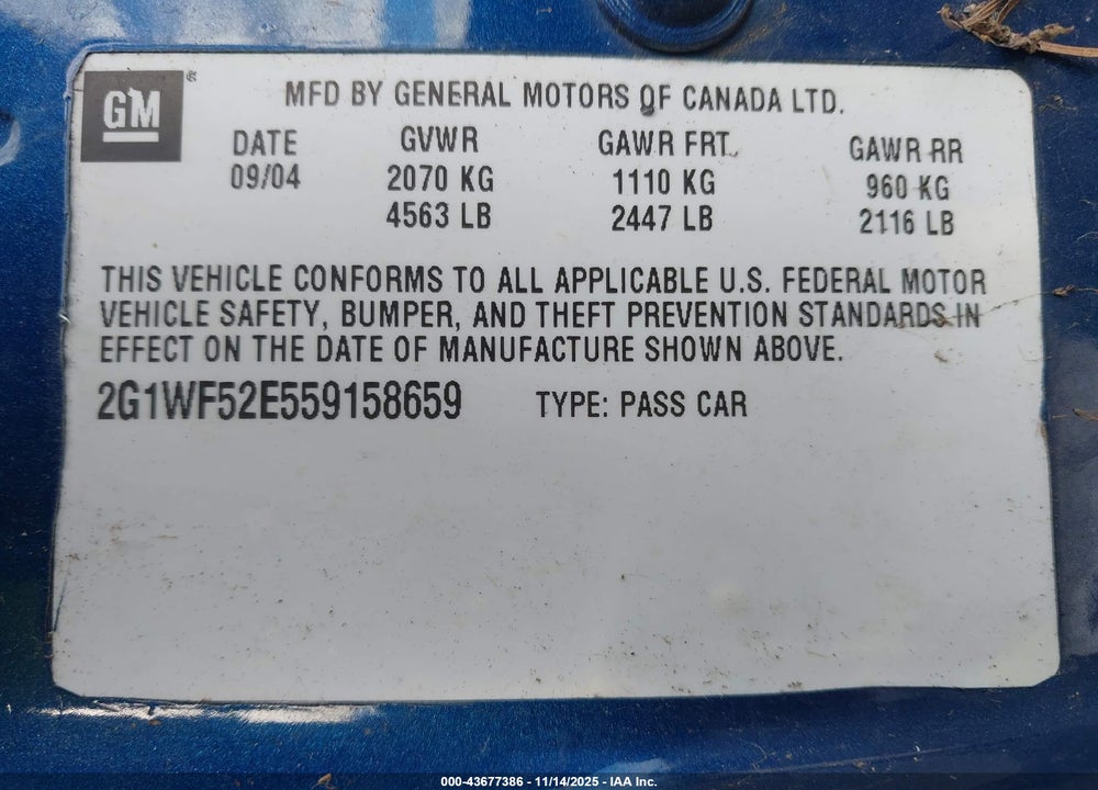 2005 CHEVROLET IMPALA VIN: 2G1WF52E559158659