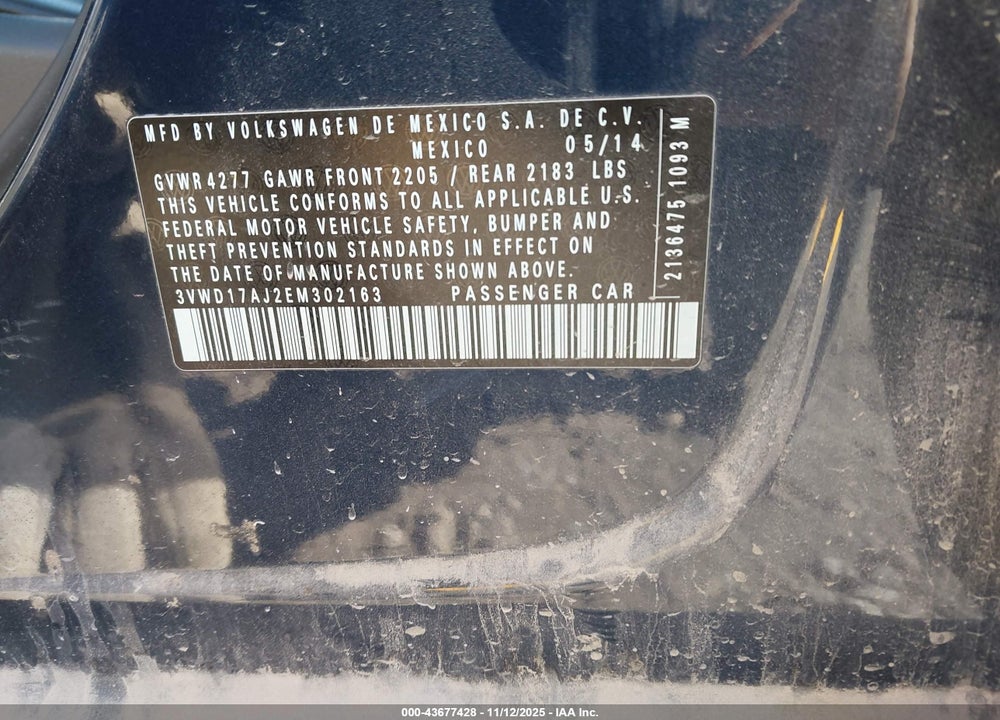 2014 VOLKSWAGEN JETTA 1.8T SE VIN: 3VWD17AJ2EM302163