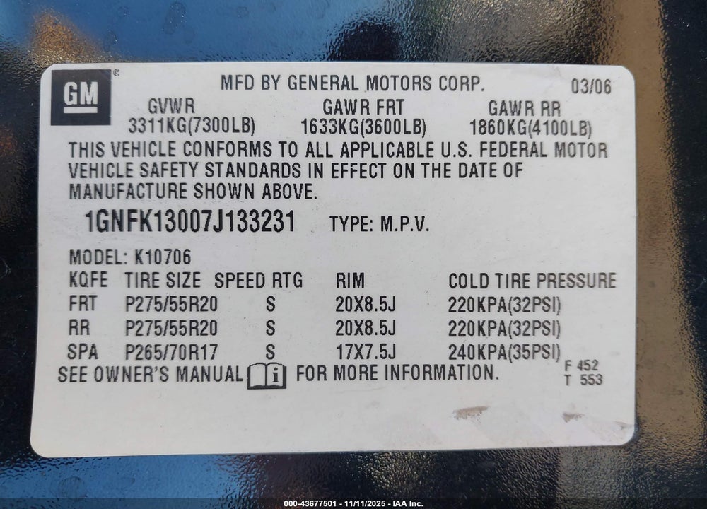 2007 CHEVROLET TAHOE LTZ VIN: 1GNFK13007J133231