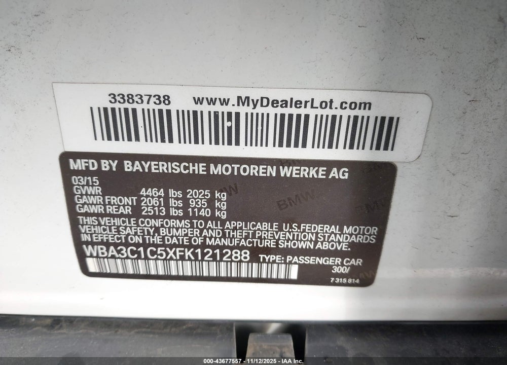 2015 BMW 328I VIN: WBA3C1C5XFK121288