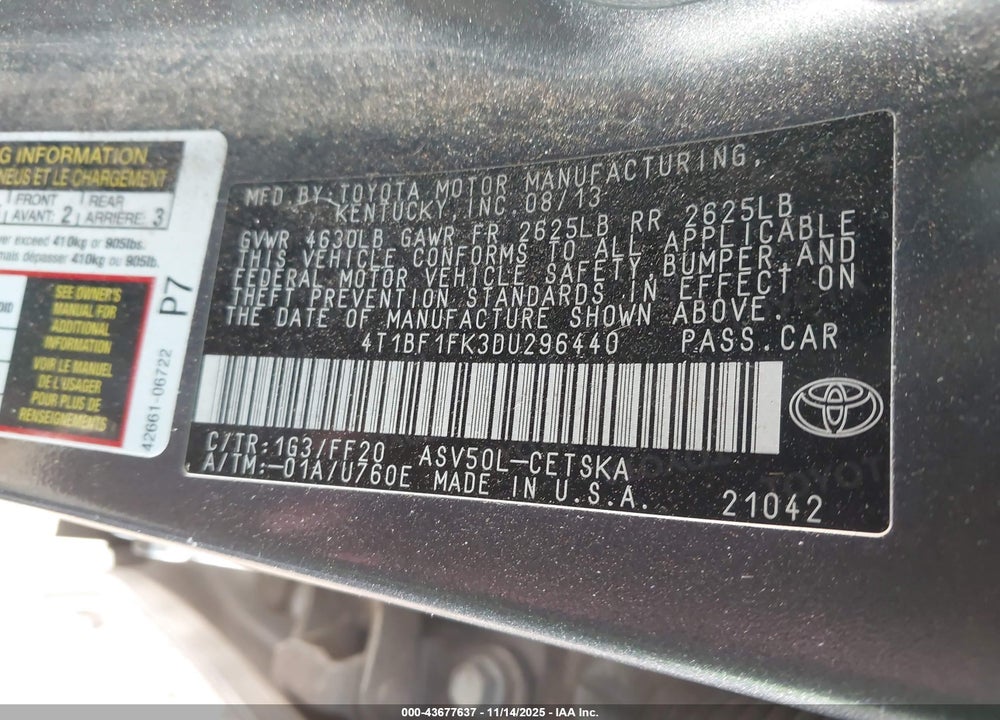 2013 TOYOTA CAMRY VIN: 4T1BF1FK3DU296440