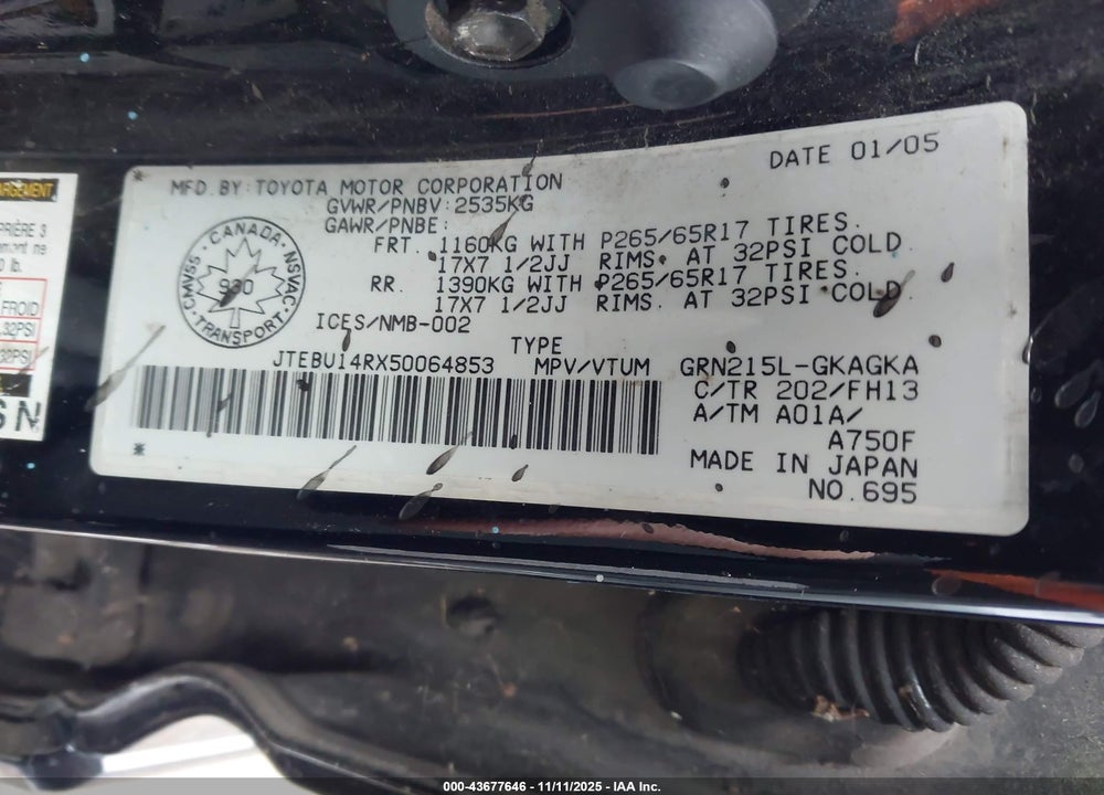 2005 TOYOTA 4RUNNER SR5 V6 VIN: JTEBU14RX50064853