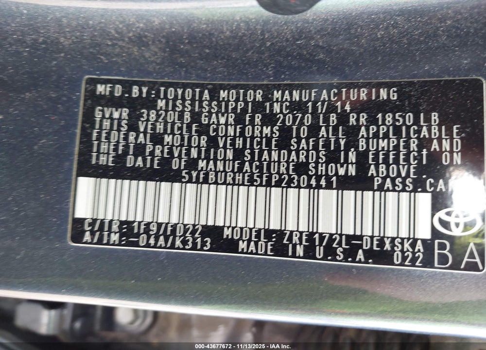 2015 TOYOTA COROLLA S PLUS VIN: 5YFBURHE5FP230441