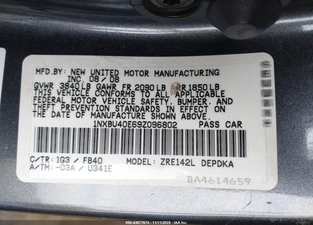 2009 TOYOTA COROLLA LE VIN: 1NXBU40E69Z096802