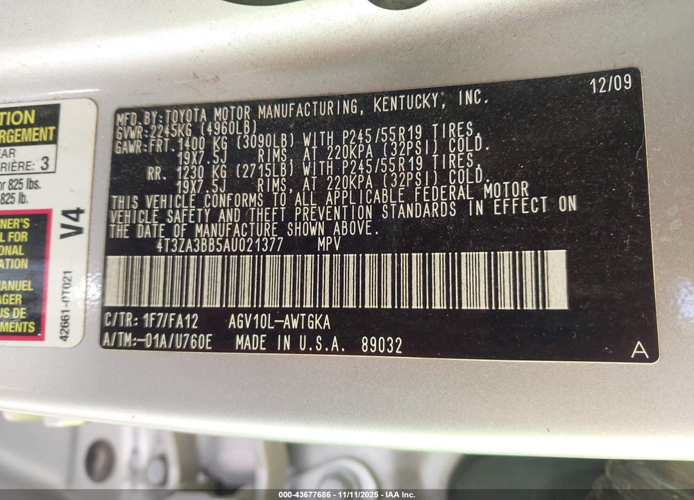 2010 TOYOTA VENZA VIN: 4T3ZA3BB5AU021377