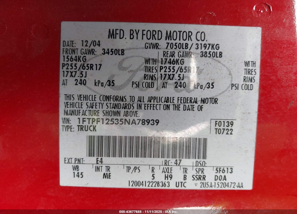 2005 FORD F-150 XL/XLT VIN: 1FTPF12535NA78939