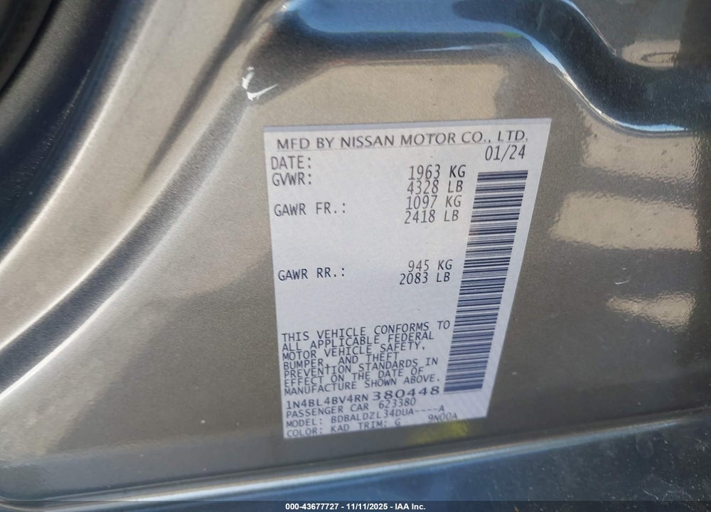 2024 NISSAN ALTIMA S FWD VIN: 1N4BL4BV4RN380448