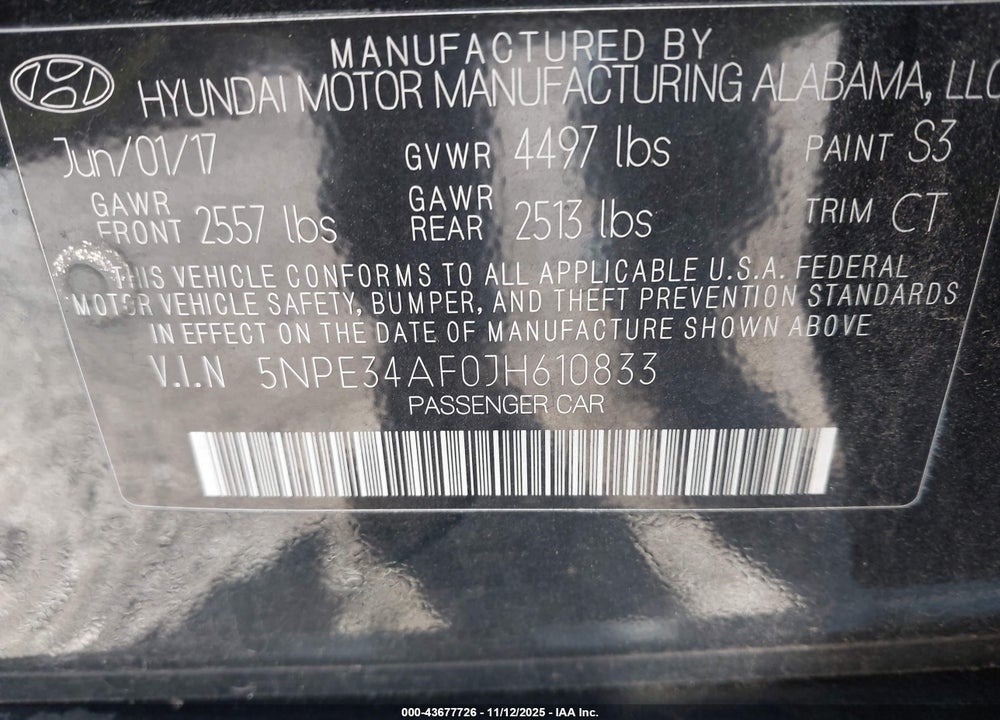 2018 HYUNDAI SONATA SEL VIN: 5NPE34AF0JH610833