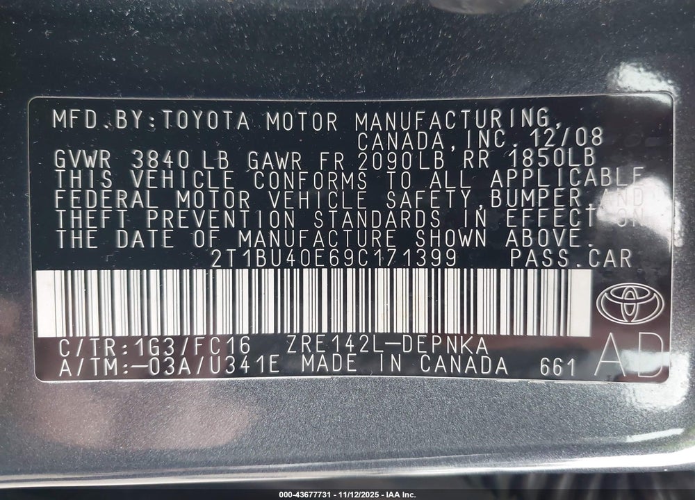 2009 TOYOTA COROLLA XLE VIN: 2T1BU40E69C171399