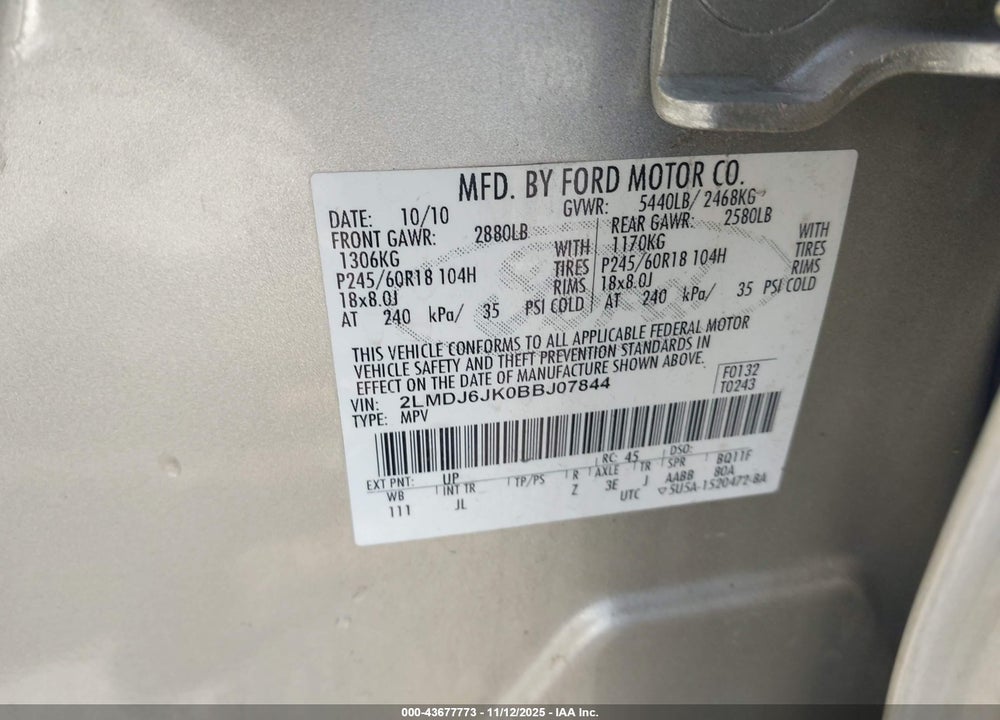 2011 LINCOLN MKX VIN: 2LMDJ6JK0BBJ07844