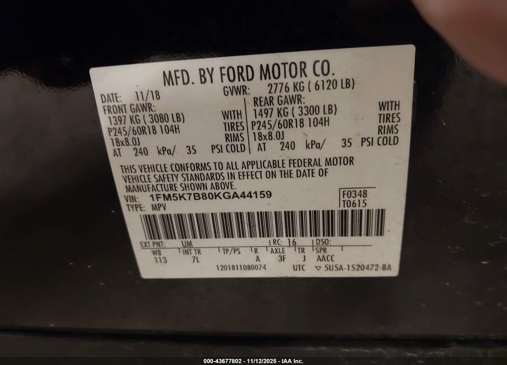 2019 FORD EXPLORER VIN: 1FM5K7B80KGA44159