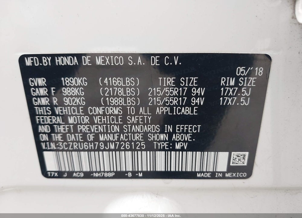 2018 HONDA HR-V VIN: 3CZRU6H79JM726125