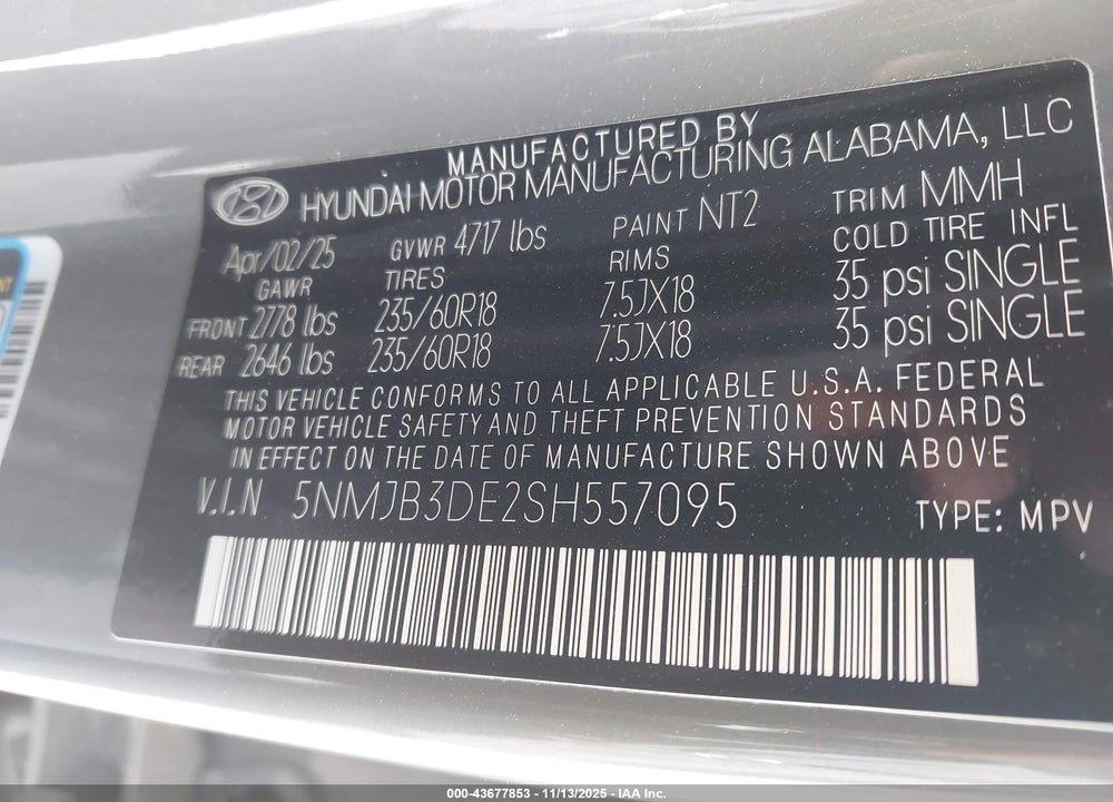 2025 HYUNDAI TUCSON SEL VIN: 5NMJB3DE2SH557095