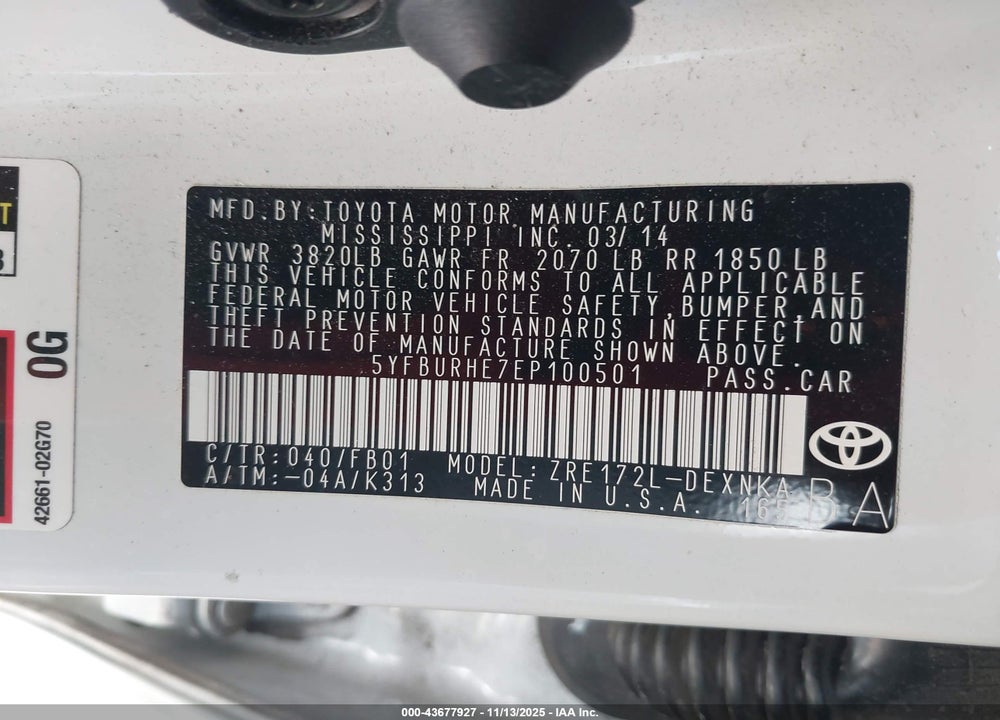2014 TOYOTA COROLLA LE PLUS VIN: 5YFBURHE7EP100501