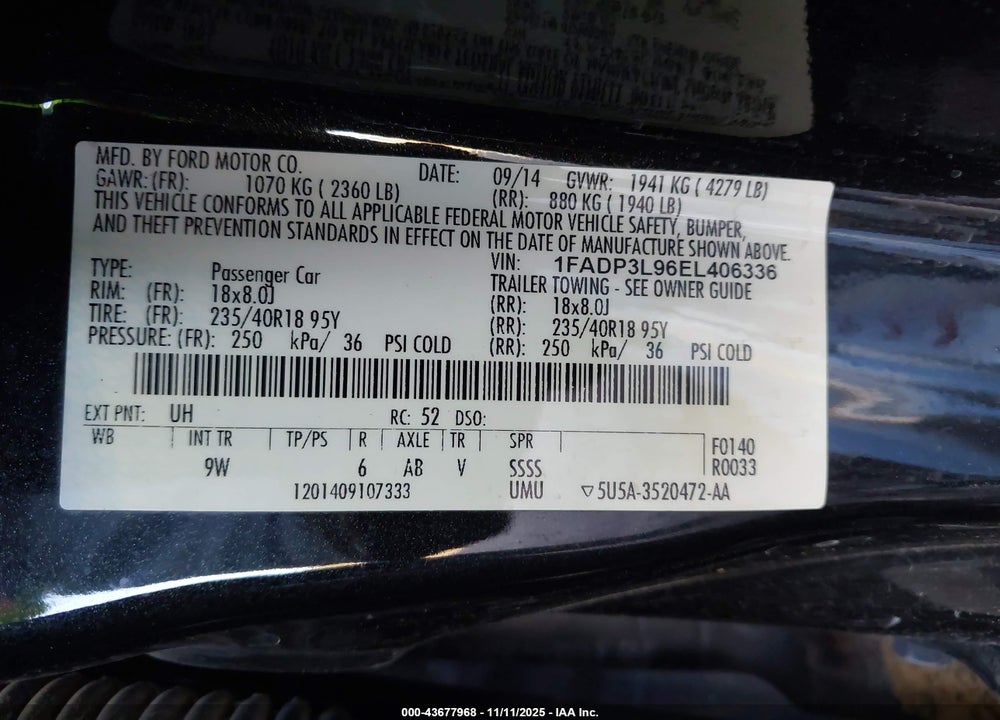2014 FORD FOCUS VIN: 1FADP3L96EL406336