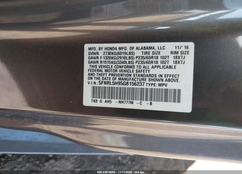 2016 HONDA ODYSSEY TOURING/TOURING ELITE VIN: 5FNRL5H95GB156237