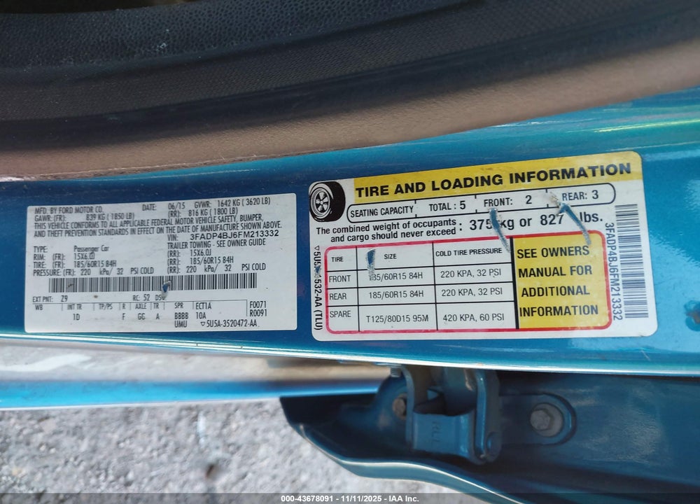2015 FORD FIESTA SE VIN: 3FADP4BJ6FM213332