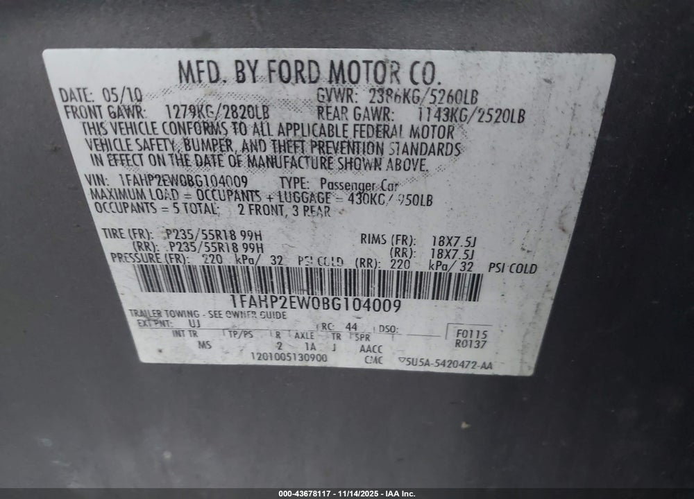 2011 FORD TAURUS SEL VIN: 1FAHP2EW0BG104009