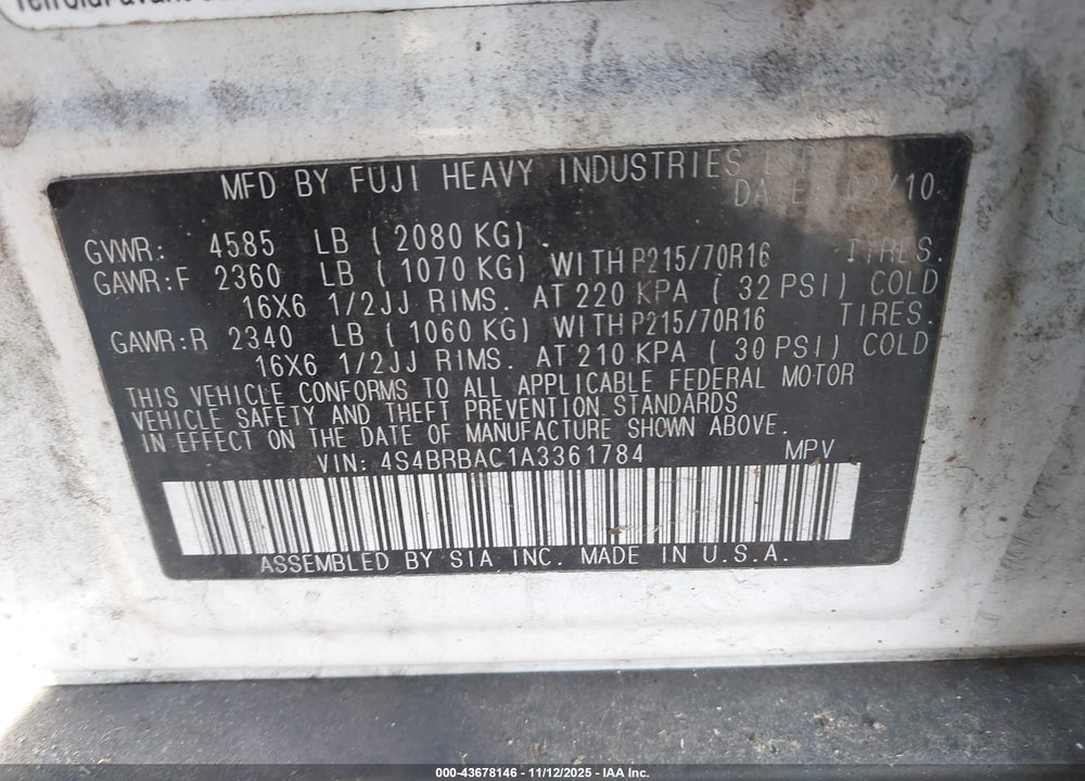 2010 SUBARU OUTBACK 2.5I VIN: 4S4BRBAC1A3361784