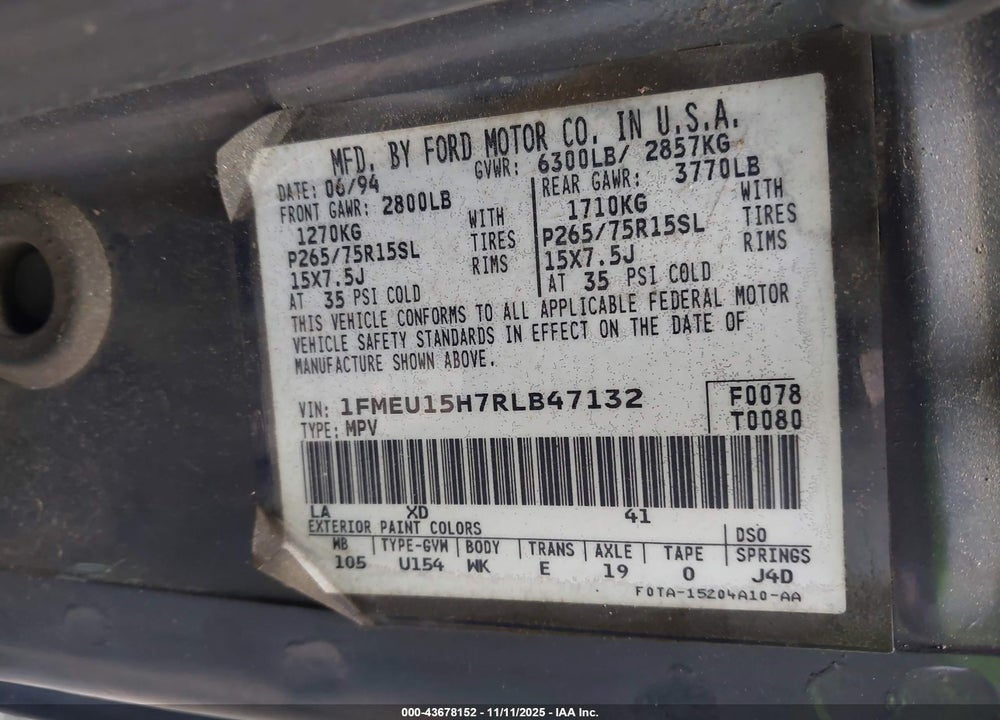 1994 FORD BRONCO U100 VIN: 1FMEU15H7RLB47132