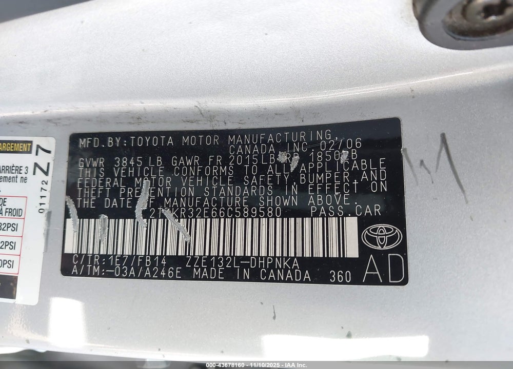 2006 TOYOTA MATRIX/XR VIN: 2T1KR32E66C589580