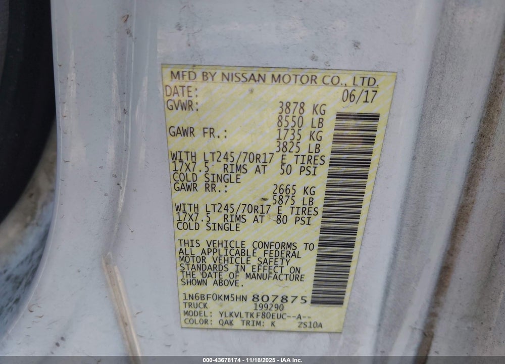 2017 NISSAN NV CARGO NV1500 SV V6 VIN: 1N6BF0KM5HN807875