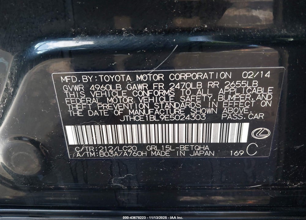 2014 LEXUS GS 350 VIN: JTHCE1BL9E5024303