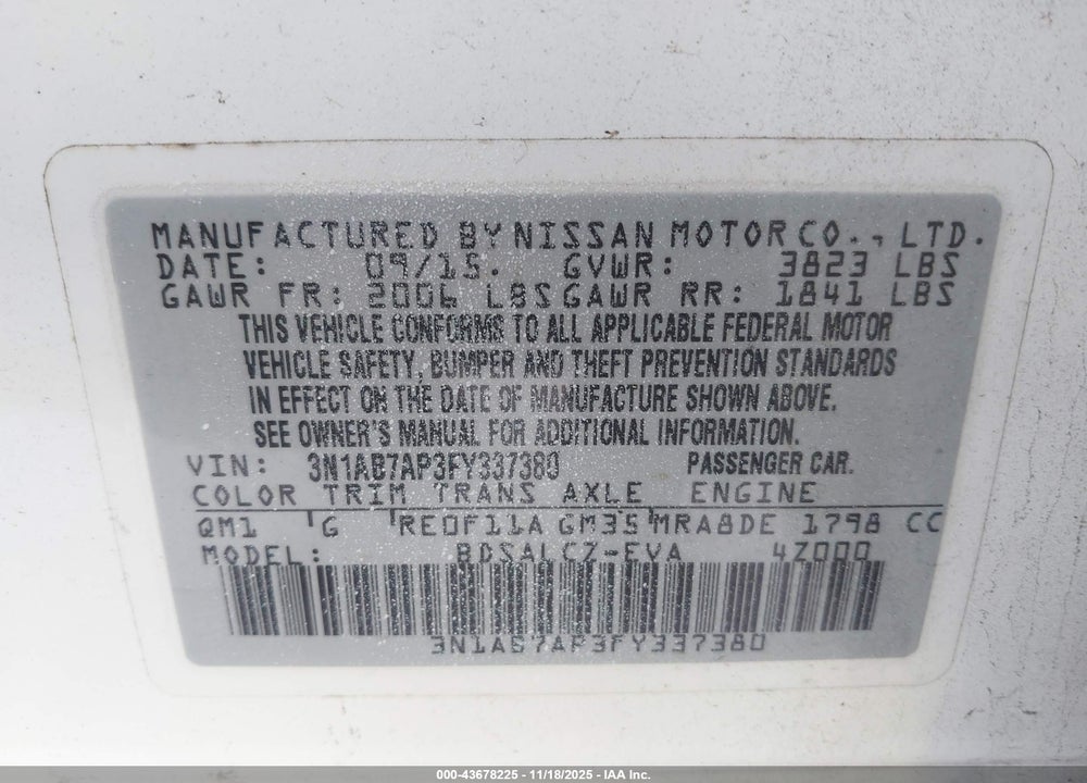 2015 NISSAN SENTRA VIN: 3N1AB7AP3FY337380