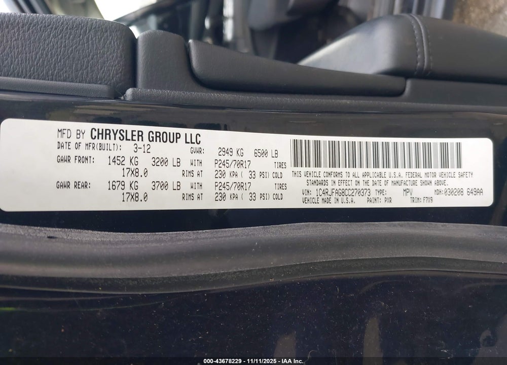 2012 JEEP GRAND CHEROKEE LAREDO VIN: 1C4RJFAG8CC270373