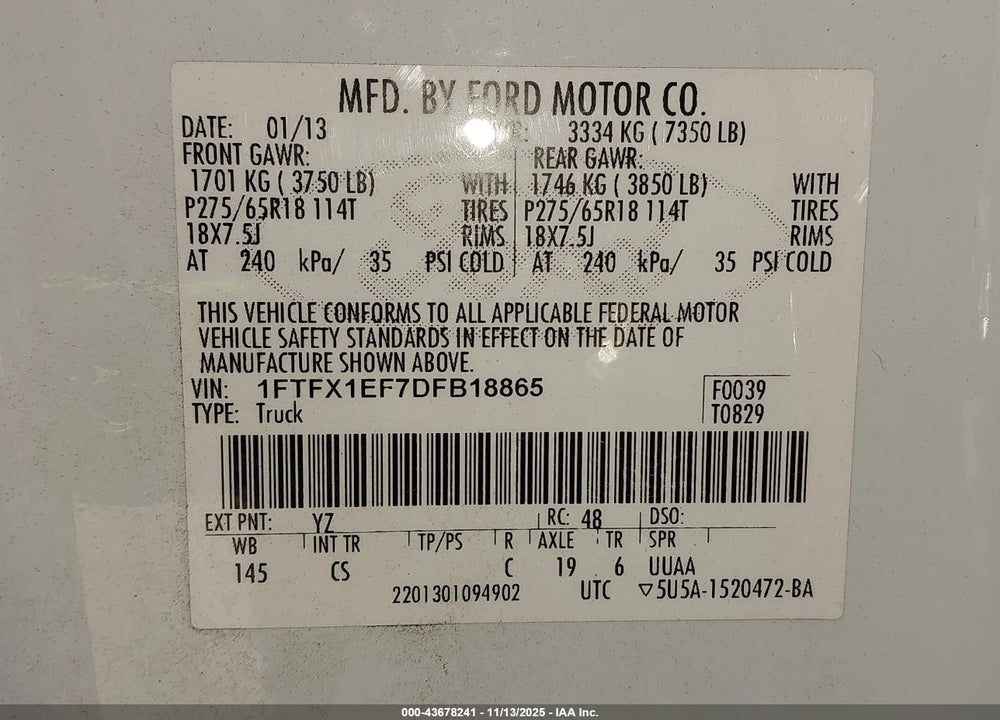 2013 FORD F-150 VIN: 1FTFX1EF7DFB18865