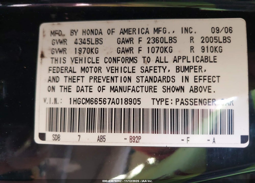 2007 HONDA ACCORD VIN: 1HGCM66567A018905