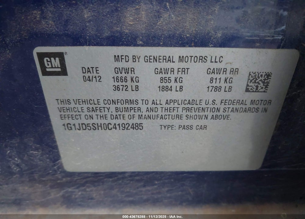 2012 CHEVROLET SONIC VIN: 1G1JD5SH0C4192485