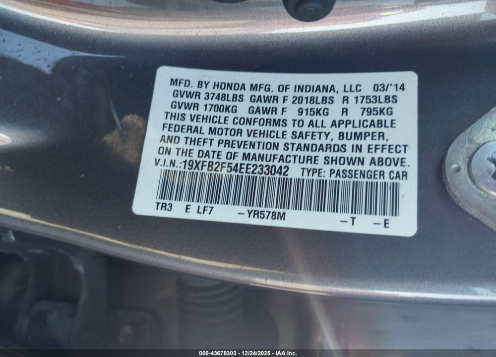 2014 HONDA CIVIC LX VIN: 19XFB2F54EE233042