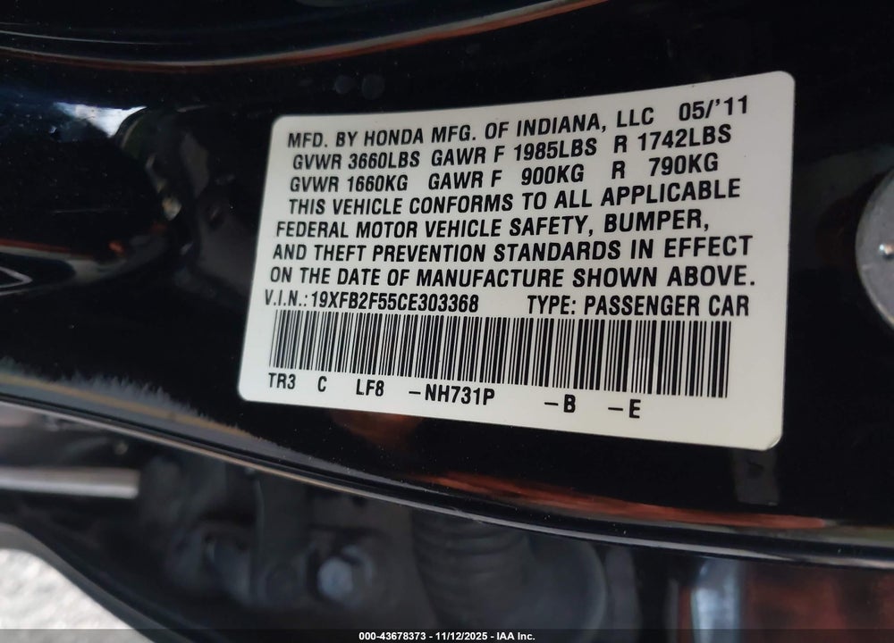 2012 HONDA CIVIC VIN: 19XFB2F55CE303368