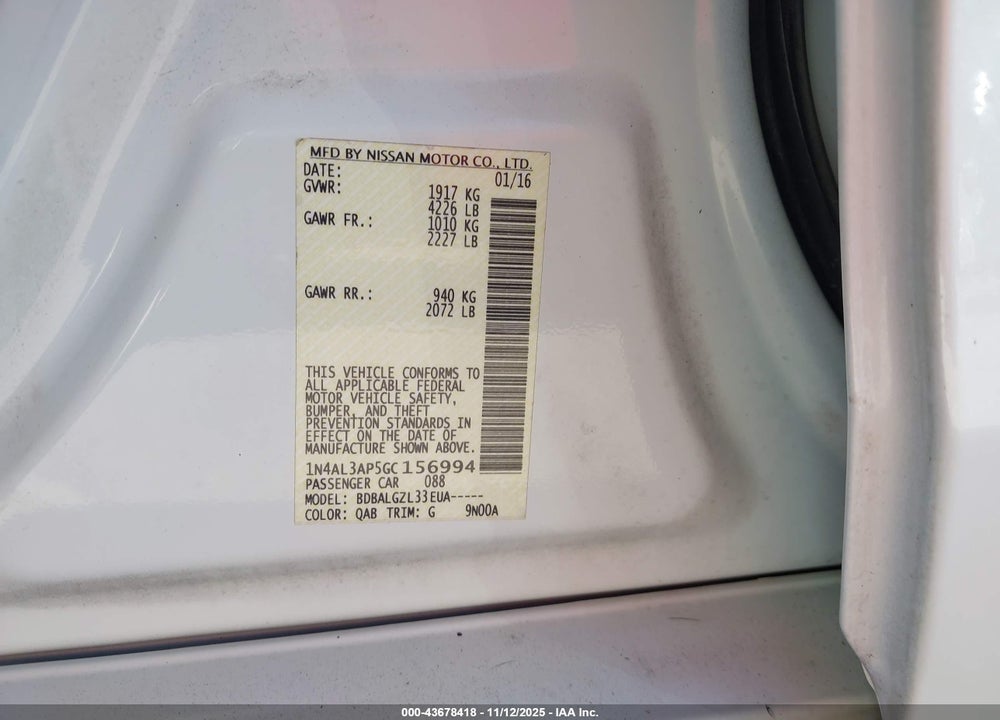 2016 NISSAN ALTIMA VIN: 1N4AL3AP5GC156994