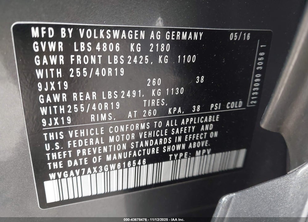 2016 VOLKSWAGEN TIGUAN R-LINE VIN: WVGAV7AX3GW616546