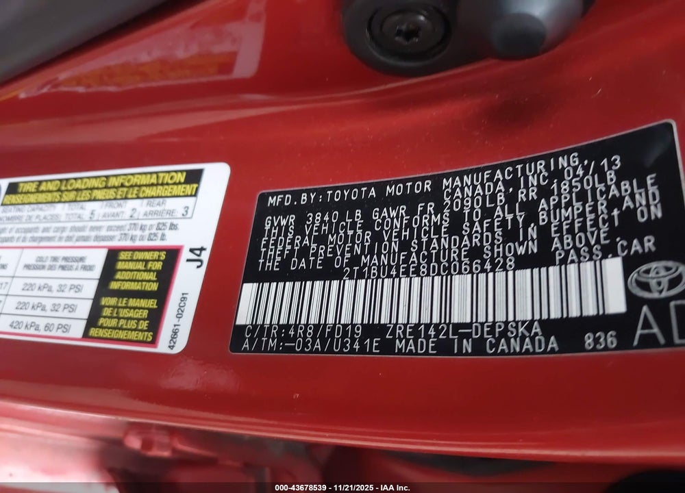 2013 TOYOTA COROLLA VIN: 2T1BU4EE8DC066428