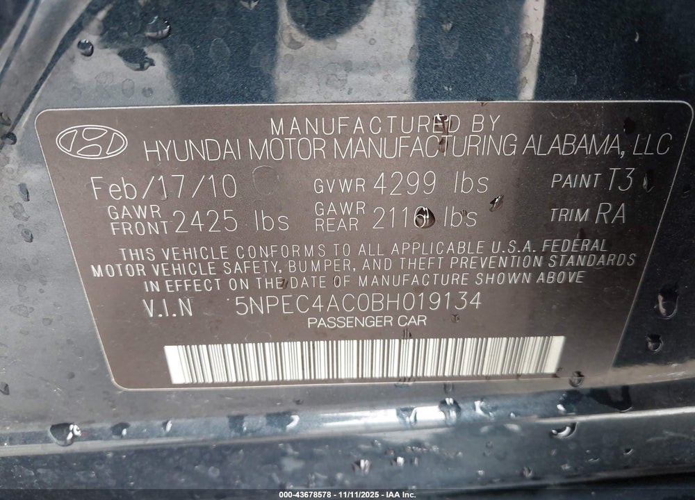 2011 HYUNDAI SONATA LIMITED VIN: 5NPEC4AC0BH019134