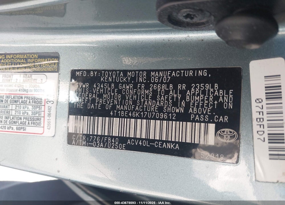 2007 TOYOTA CAMRY LE VIN: 4T1BE46K17U709612