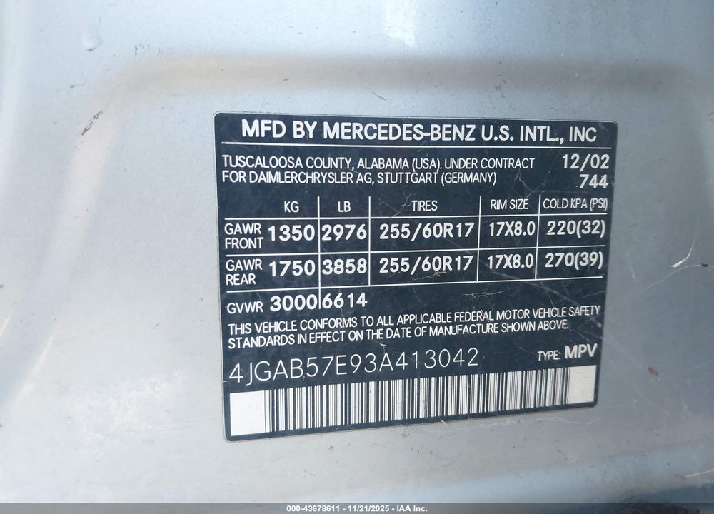 2003 MERCEDES-BENZ ML 350 VIN: 4JGAB57E93A413042