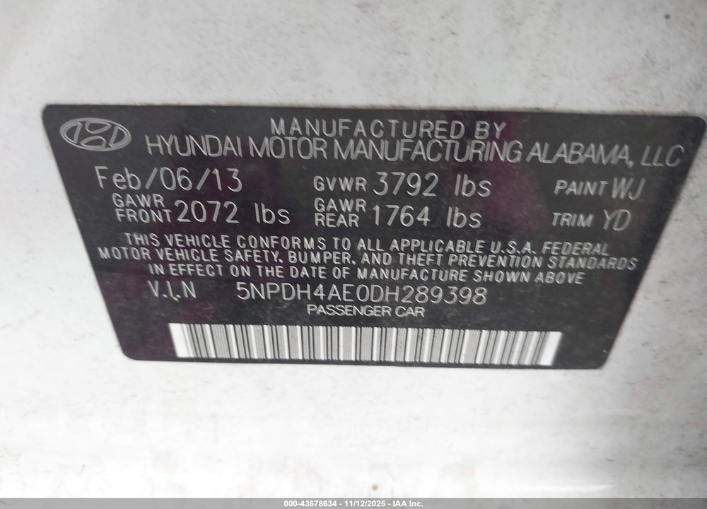 2013 HYUNDAI ELANTRA GLS VIN: 5NPDH4AE0DH289398