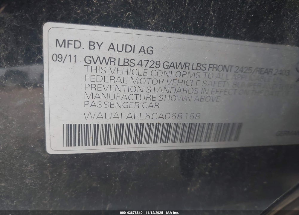 2012 AUDI A4 2.0T PREMIUM VIN: WAUAFAFL5CA068168
