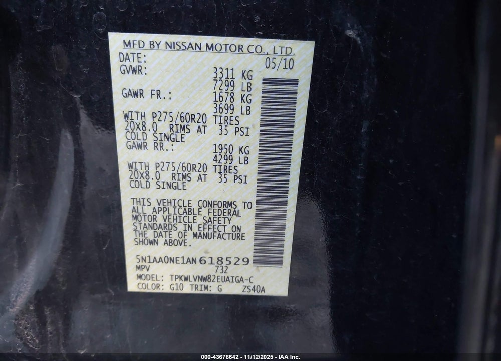 2010 NISSAN ARMADA PLATINUM VIN: 5N1AA0NE1AN618529