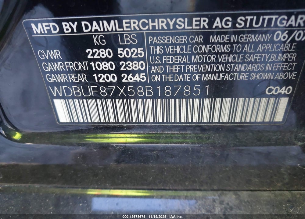 2008 MERCEDES-BENZ E-CLASS VIN: WDBUF87X58B187851