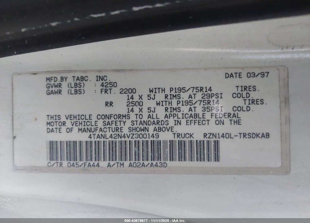 1997 TOYOTA TACOMA VIN: 4TANL42N4VZ300149