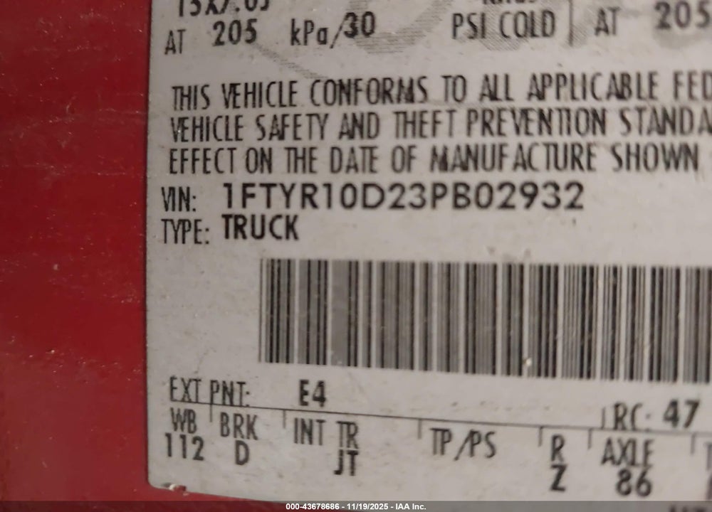 2003 FORD RANGER XL/XLT VIN: 1FTYR10D23PB02932